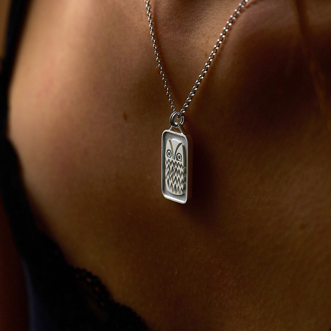 Owl Goddess Rectangular Pendant, 925 Silver